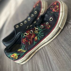 Converse Black Leather Sneakers with Red and Yellow Floral Embroidery